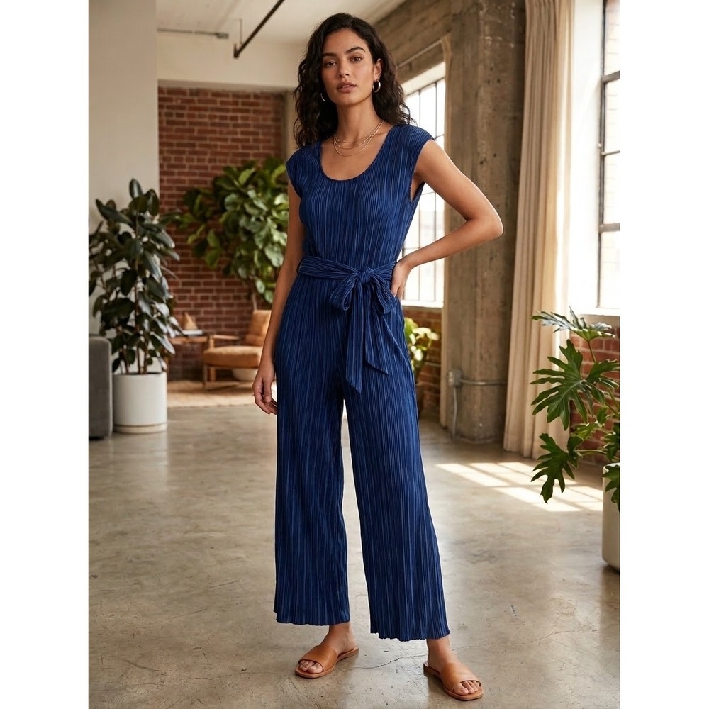 Maeve Anthropologie Blue Pleated Plisse Wide Leg Jumpsuit 8P OB881903